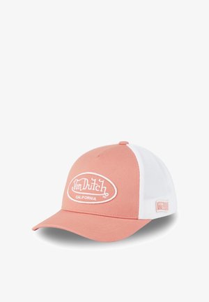 Gorra de forma cápsula con parte frontal de tela rosa y laterales de malla blanca. Logotipo "Von Dutch" bordado en blanco. Visera curva.