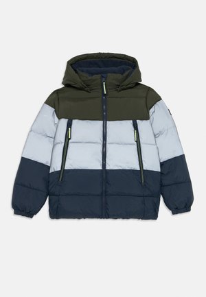 Kapuzenschnelljacke mit farbigen Blöcken in Oliv, Grau und Marineblau, zwei vorderen Reißverschlusstaschen, zentralem Reißverschluss und elastischen Bündchen.