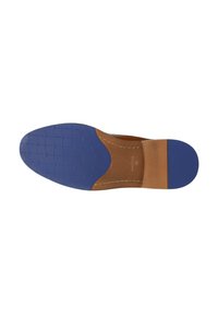 Semelle de chaussure en cuir avec grip en caoutchouc bleu au niveau des orteils et du talon, couture visible et indication de taille 42.