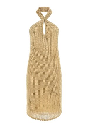 Knit halter dress in light beige with a keyhole detail, fitted silhouette, and scalloped hem, featuring a textured open weave design.