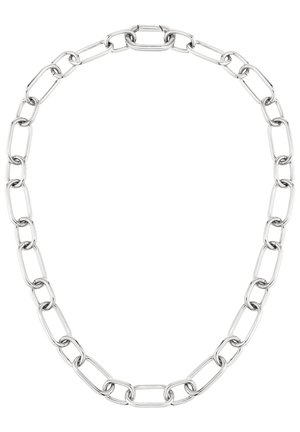 Silver link chain necklace featuring elongated oval and rectangular links with a polished finish and smooth texture, varying in size.