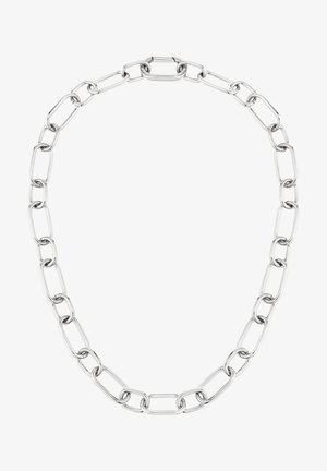 Zilveren schakelketting met langwerpige ovale en rechthoekige schakels met een gepolijste afwerking en een gladde textuur, variërend in grootte.