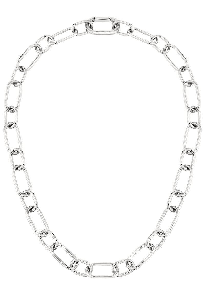 Silberne Gliederkette mit länglichen ovalen und rechteckigen, polierten Gliedern mit glatter Oberfläche, die in der Größe variieren.