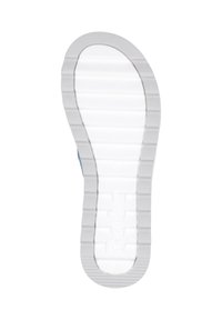 Semelle de chaussure en matériau caoutchouteux blanc, présentant des rainures horizontales pour l'adhérence et un talon arrondi. Marque notable sur la surface.