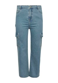 Pantalones cargo de mezclilla de color azul claro con piernas anchas, que presentan dos bolsillos laterales y un cierre de botón en la cintura. Textura desgastada visible.