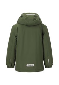 Groene waterdichte jas met een capuchon, elastische manchetten en reflecterende accenten. Bevat een logoafdruk op de onderrug. Gladde textuur.