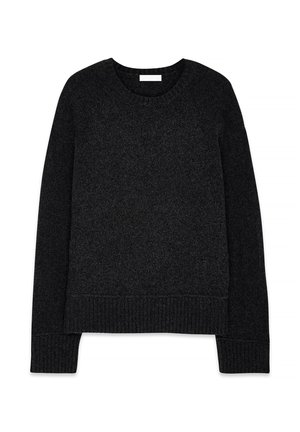 Suéter negro de punto con cuello redondo, mangas largas y puños y dobladillo acanalados. Tejido texturizado con un acabado suave.