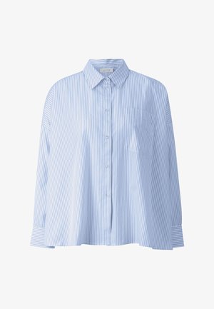 Cămașă cu dungi albastre deschise, cu nasturi, design supradimensionat, material din bumbac, cu buzunar la piept, manșete late și guler clasic.