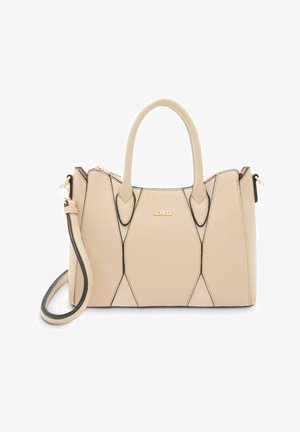 Beige Lederhandtasche mit geometrischem Design, schwarzen Akzenten, doppelten oberen Griffen, abnehmbarem Schulterriemen und goldfarbenem Logo-Detail.