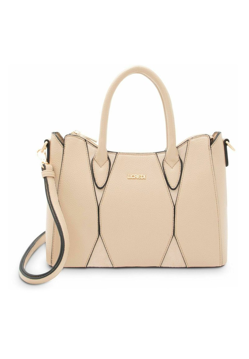 Borsa a mano in pelle beige con design geometrico, accenti neri, doppio manico superiore, tracolla staccabile e dettaglio con logo dorato.