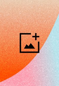 Black outline of a square with a plus sign and mountain icons, over a gradient background of orange, pink, and light blue with shimmer.