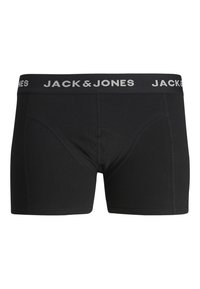 Schwarze Boxershorts aus dehnbarem Stoff. Mit einem grauen elastischen Bund, auf dem das Logo "JACK & JONES" zu sehen ist. Glatte Oberfläche und taillierte Passform.
