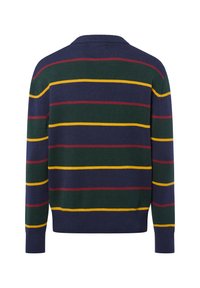 Gestreifter Pullover in Marineblau, Grün, Gelb und Burgunderrot. Rippkragen und -bündchen mit einem strukturierten Strickmuster.