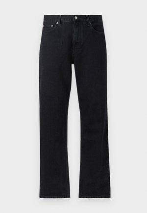 Black denim jeans with a straight-leg design, featuring a button closure, five-pocket style, and subtle stitching details.