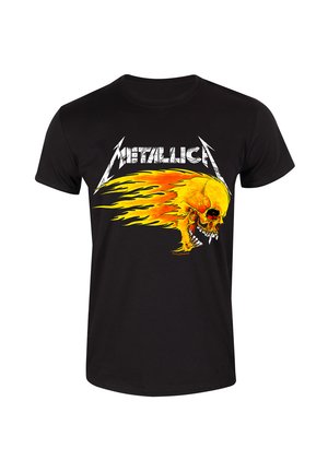 Black cotton t-shirt featuring a vibrant yellow and orange skull graphic with flames and the "Metallica" logo in white across the chest.