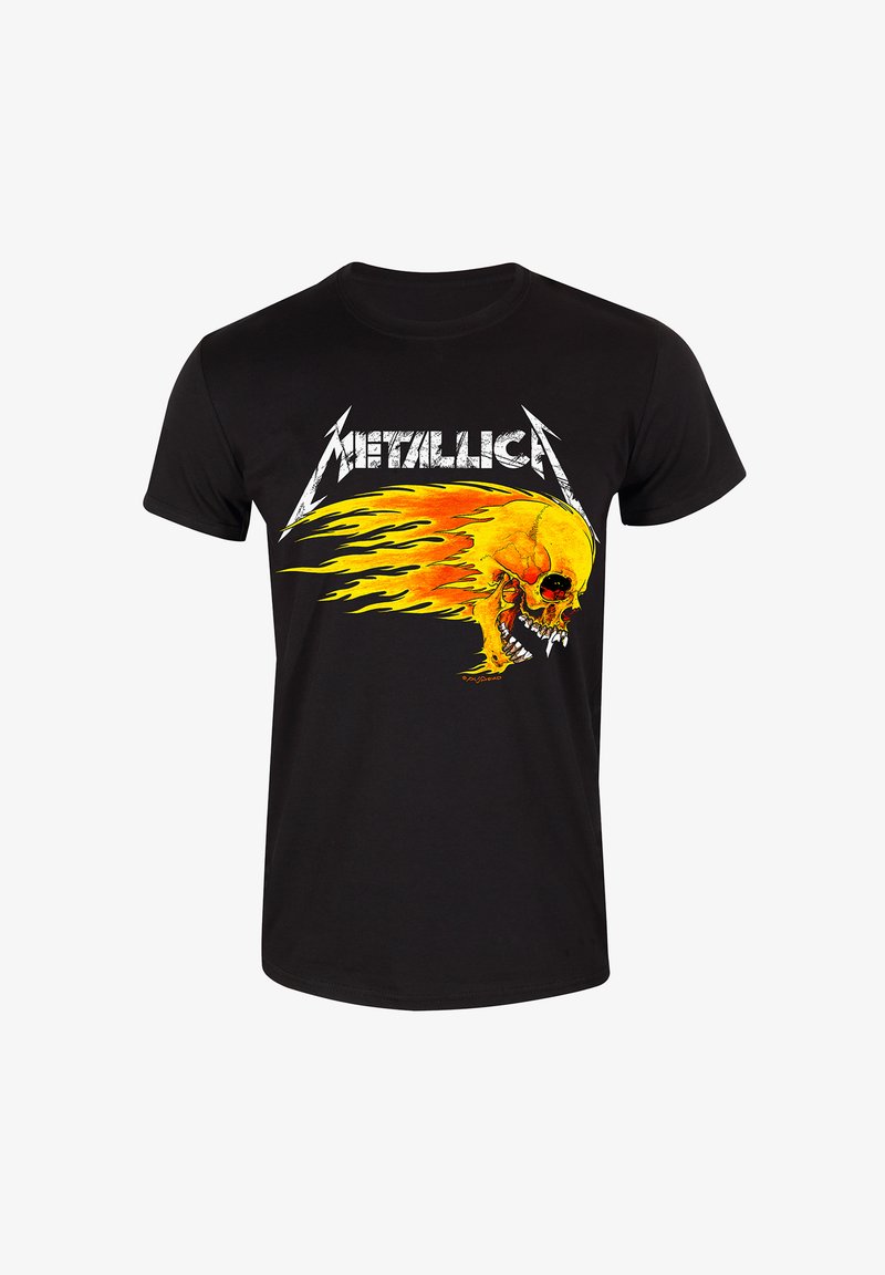 Black cotton t-shirt featuring a vibrant yellow and orange skull graphic with flames and the "Metallica" logo in white across the chest.