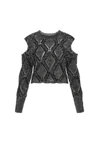Maglione cropped in bianco e nero con motivo a diamante, design con spalle scoperte e polsini a coste. Tessuto testurizzato con cuciture visibili.