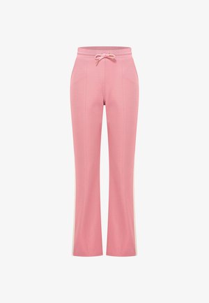 Pantalones de chándal rosas con cintura elástica, diseño de pierna recta y rayas laterales de color claro. Fabricados con una tela suave y texturizada.