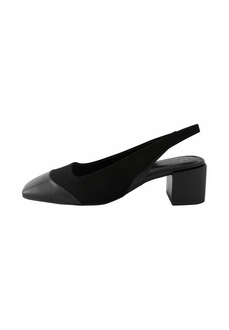 Musta slingback-kengät, joissa on kärjellinen muoto, yhdistelmä sileää nahkaa ja teksturoitua kangasta sekä paksu lohkarekorko.