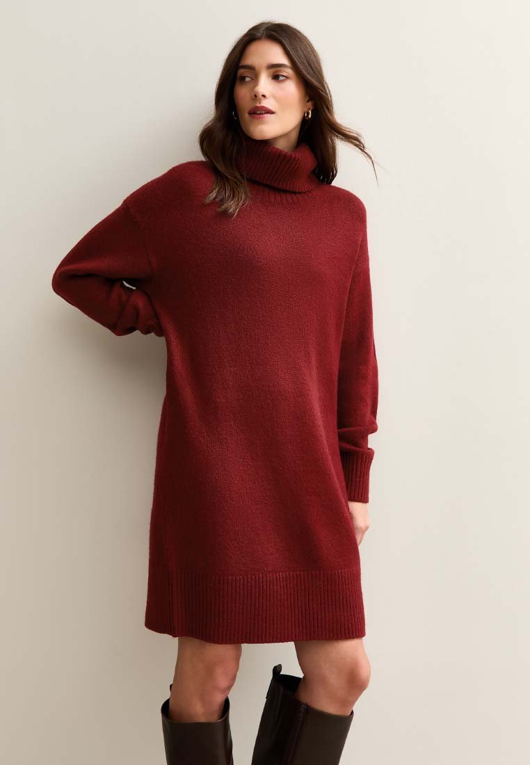 Robe en tricot à col roulé de couleur rouge profond, dotée de manches longues, d'une coupe décontractée et d'un ourlet et de poignets en côtes. Texture douce avec un minimum d'ornementation.