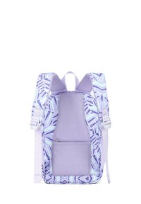 Purple backpack featuring a geometric pattern and mesh padding on the back. Adjustable straps enhance comfort and fit.