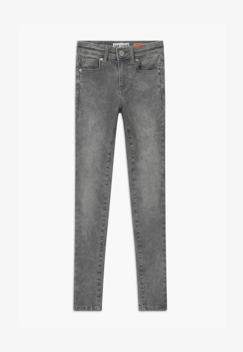 Slim-fit grijze jeans van denim, met twee voorzakken en een muntzakje, subtiele vervaging en contrasterende stiksels langs de naden.