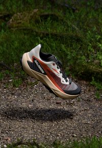 Salomon trail running shoe with a grey and orange mesh upper, black accents, a cushioned sole, and prominent logo detailing.