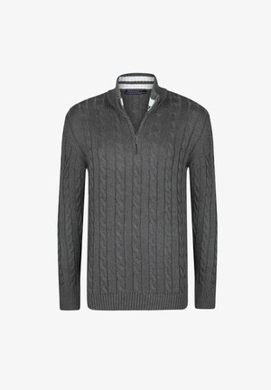 Pull en tricot gris foncé avec un motif en relief, des poignets et un ourlet côtelés, et un col zippé partiellement avec des rayures blanches et grises à l'intérieur.