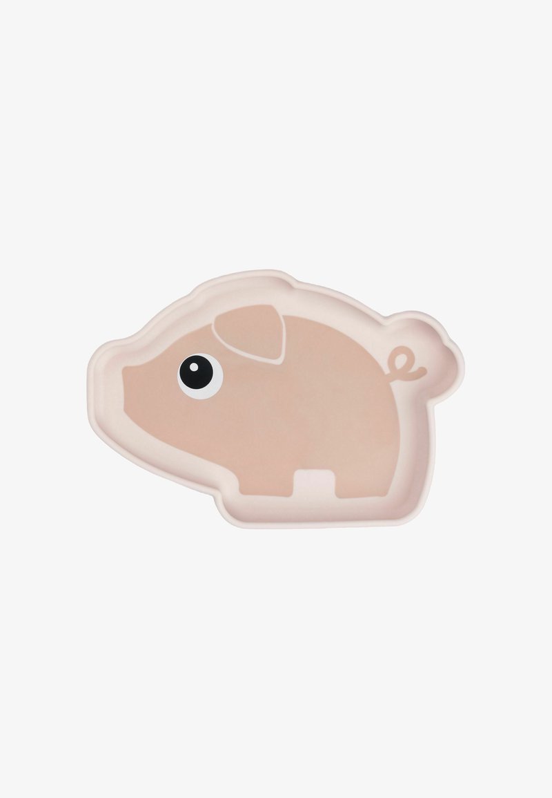 Vassoio a forma di maialino, di colore rosa, realizzato in materiale resistente con una superficie liscia. Presenta un design arrotondato e un grande dettaglio a forma di occhio nero.