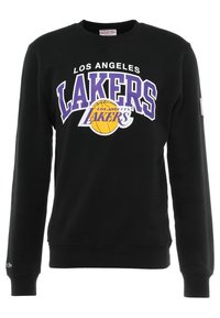 Felpa nera con il testo "Los Angeles Lakers" e il logo di un pallone da basket in viola, bianco e giallo, centrato sul petto.