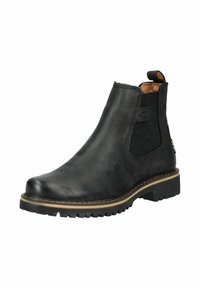 Black leather ankle boot with elastic side panels, rounded toe, and textured rubber sole. Features minimal stitching and a pull tab.