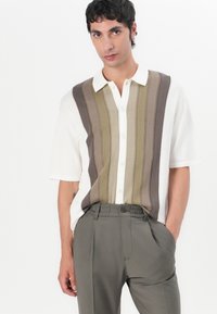 Korteermet skjorte med vertikale striper i beige, oliven og brunt, hvit krage, knappefront, kombinert med slim-fit olivenbukser.
