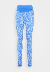 Blå leggings med en kontrasterende blå midjebånd, med et blomstermotiv og geometrisk mønster i lysere blånyanser.