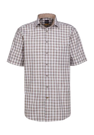Camicia a maniche corte con bottoni in un motivo a quadri bianco e marrone, con una tasca sul petto e un colletto di colore chiaro.