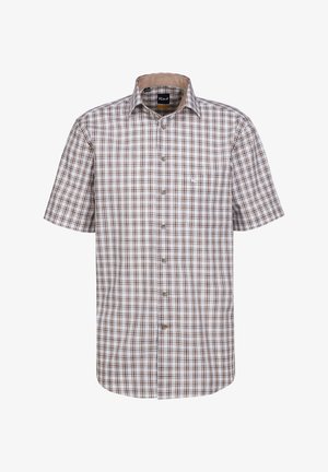 Camicia a maniche corte con bottoni in un motivo a quadri bianco e marrone, con una tasca sul petto e un colletto di colore chiaro.