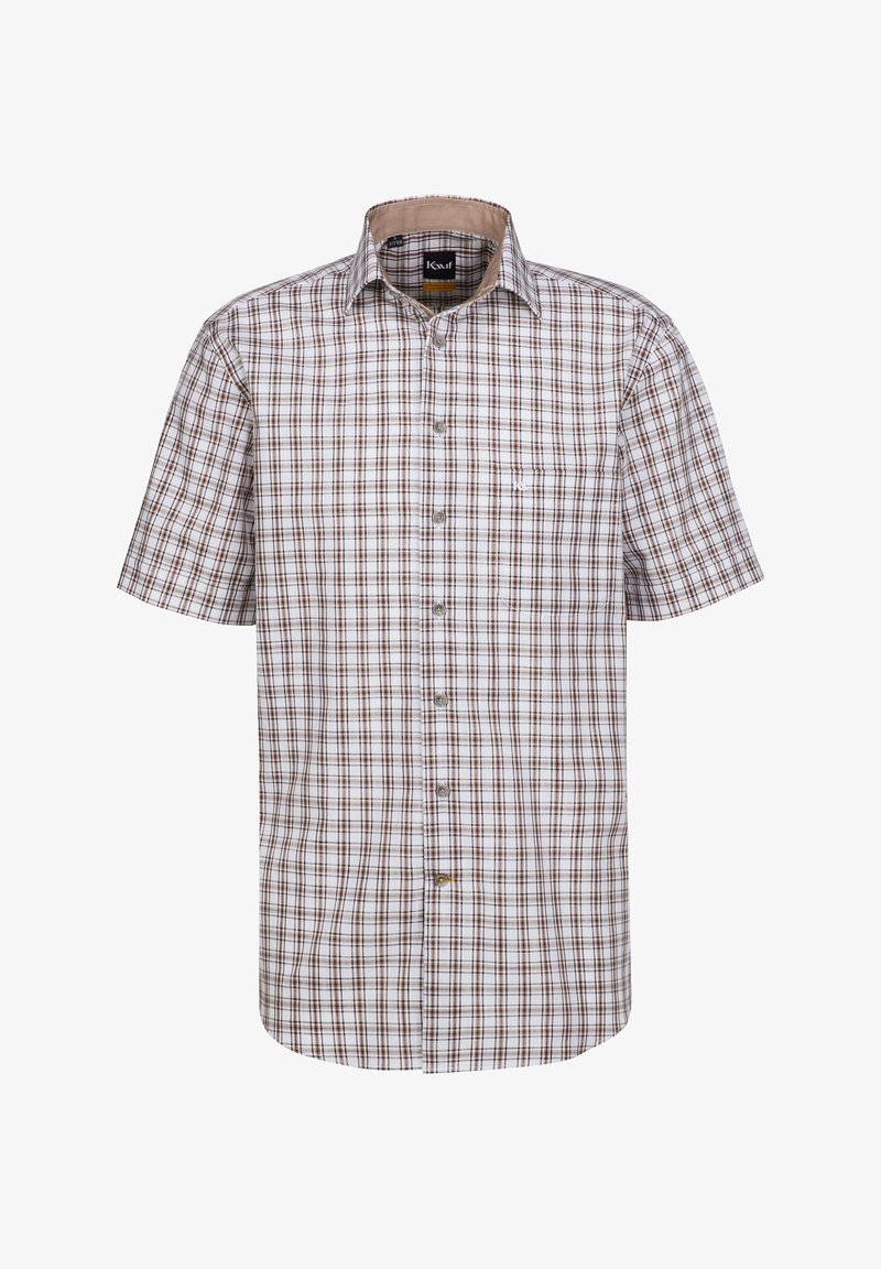 Camicia a maniche corte con bottoni in un motivo a quadri bianco e marrone, con una tasca sul petto e un colletto di colore chiaro.