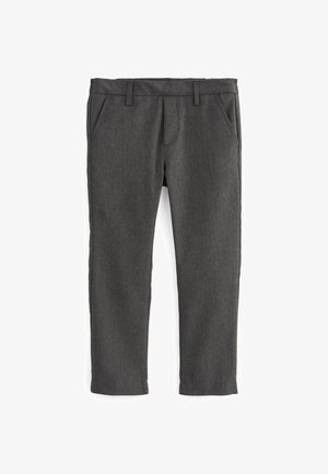 Pantalon gris en tissu texturé avec une coupe droite, doté de poches avant et d'une taille avec passants de ceinture.