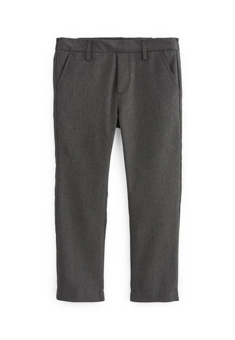 Pantalon gris en tissu texturé avec une coupe droite, doté de poches avant et d'une taille avec passants de ceinture.
