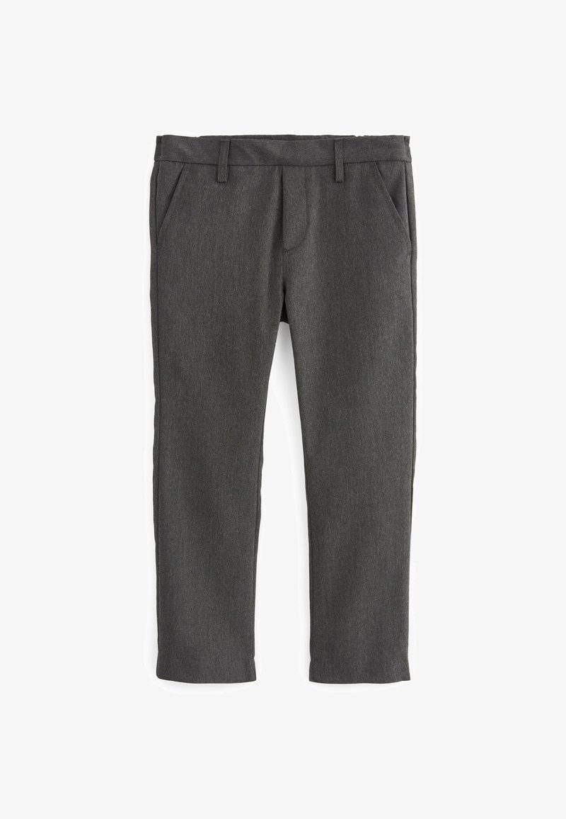 Pantaloni grigi realizzati in tessuto texturizzato con taglio dritto, dotati di tasche anteriori e di un cintura con passanti.