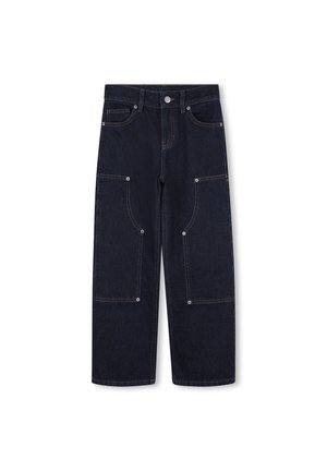 Dunkelblaue Denim-Hose mit weitem Bein, großen Fronttaschen, sichtbaren Nähten und einem klassischen Knopfverschluss.