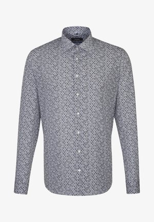 Langärmeliges Hemd in Marineblau und Weiß mit einem floralen Muster, knöpfbarem Frontverschluss, strukturiertem Kragen und taillierter Silhouette.