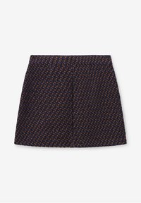 Jupe mini tissée avec un motif géométrique bleu foncé et marron, dotée d'une taille structurée et de deux poches latérales.