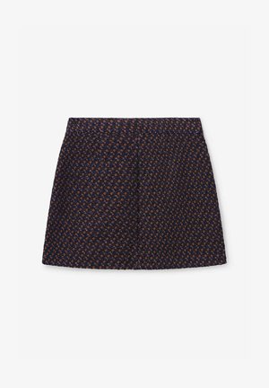 Gewebter Minirock mit einem dunkelblauen und braunen geometrischen Muster, ausgestattet mit einem strukturierten Taillenbund und zwei Seitentaschen.