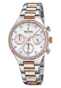 Orologio cronografo argento e oro rosa con quadrante in madreperla, accenti di cristallo e design a bracciale con maglie. Caratterizzato da tre sub-quadranti.