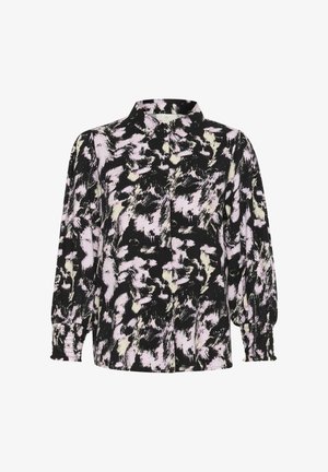 Camicia a maniche lunghe con un motivo astratto nei colori nero, bianco e rosa. Presenta un collo con colletto e polsi arricciati, con una vestibilità ampia.