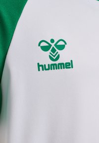 Grøn og hvid kortærmet sportstrøje med Hummel-logo. Stoffet er glat med en let glans. Grønne accenter på ærmerne.