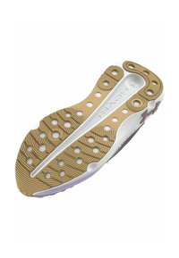 Schoenzool met een tan rubberen oppervlak, ronde anti-slip stippen, getextureerde groeven en een witte tussenzool met merkdetails.