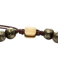 String-Armband mit metallischen Kugeln in Grautönen und einem goldfarbenen quadratischen Verschluss mit eingeprägtem "FOSSIL". Verstellbarer brauner Cord.