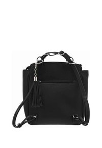 Sac bandoulière en simili cuir noir de forme carrée, avec une bandoulière ajustable, une poche avant zippée et un gland décoratif sur la fermeture éclair.