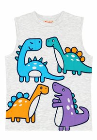 Gray sleeveless shirt featuring colorful cartoon dinosaurs in blue, green, orange, and purple, with detailed spikes and patterns.